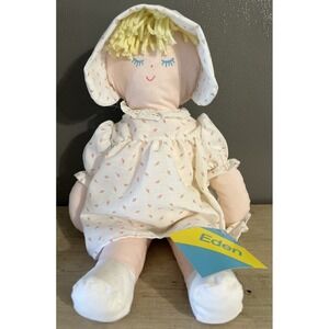 Eden Plush Blonde Cloth Baby Doll Rosebud Dress & Bonnet Vintage 14" Closed Eyes